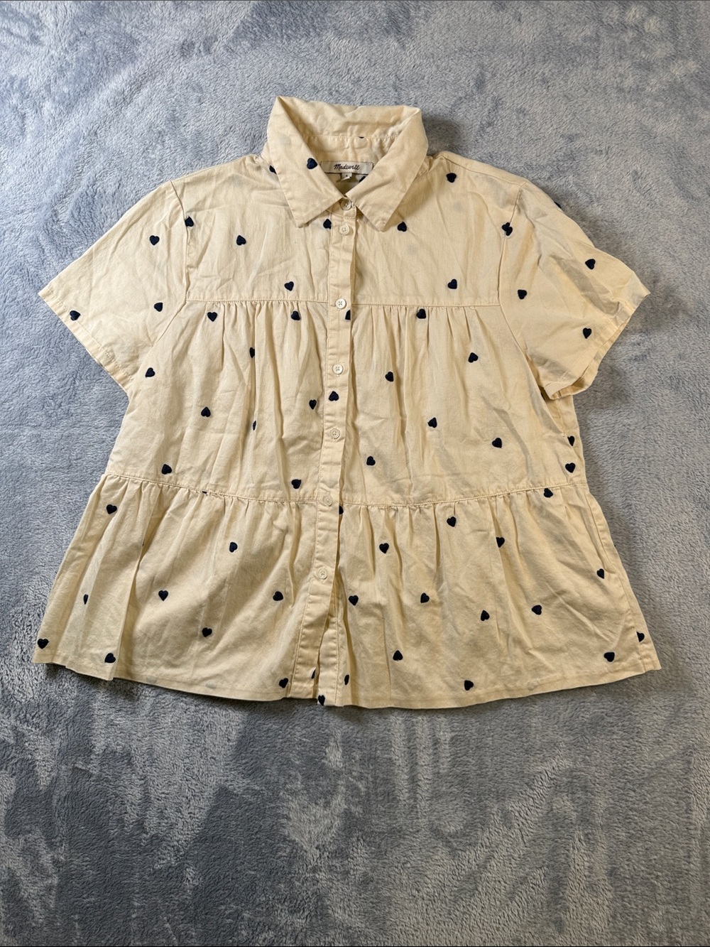 Madewell Cream Short-Sleeve Button-Front Top with Navy Heart Print #3136